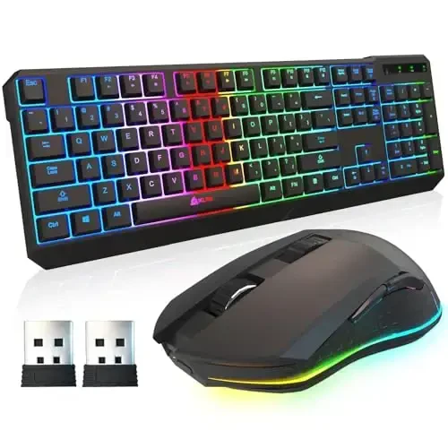 KLIM Chroma Wireless Keyboard and Mouse – RGB Backlit Gaming Combo, Rechargeable Wireless Keyboard & RGB Mouse, Durable & Ergonomic, Dual USB Receivers, Compatible with PC, Mac, PS4, PS5 - 1