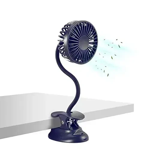 Clip on Fan Usb Battery Operated Desk Clip Fan with Emergency Power Bank, Baby Stroller Fan Rechargeable Personal Fan Flexible Neck 3 Speeds Great for Beach Car Camping Dorm Bed Office-Navy Blue - 1