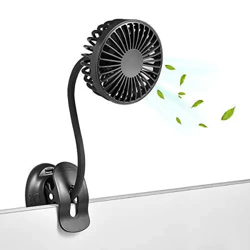 Clip On USB Mini Desk Fan with Emergency Power Bank, Battery Operated Rechargeable Portable Fan - Flexible Neck, 3 Speed Personal Cooling for Baby Stroller, Car, Camping, Office, Dorm, Beach - Black - 1