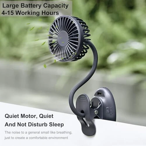 Clip On USB Mini Desk Fan with Emergency Power Bank, Battery Operated Rechargeable Portable Fan - Flexible Neck, 3 Speed Personal Cooling for Baby Stroller, Car, Camping, Office, Dorm, Beach - Black - 3