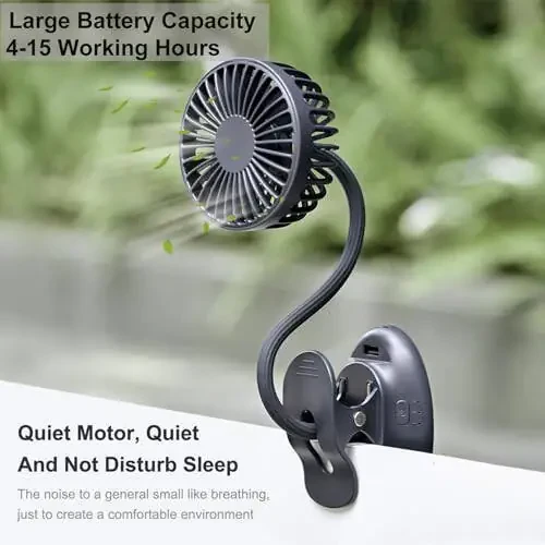 Clip On USB Mini Desk Fan with Emergency Power Bank, Battery Operated Rechargeable Portable Fan - Flexible Neck, 3 Speed Personal Cooling for Baby Stroller, Car, Camping, Office, Dorm, Beach - Black - 3