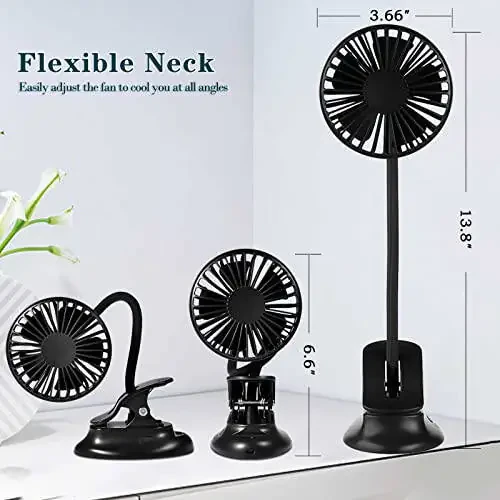 Clip On USB Mini Desk Fan with Emergency Power Bank, Battery Operated Rechargeable Portable Fan - Flexible Neck, 3 Speed Personal Cooling for Baby Stroller, Car, Camping, Office, Dorm, Beach - Black - 6