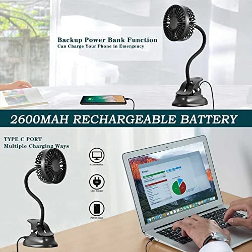 Clip On USB Mini Desk Fan with Emergency Power Bank, Battery Operated Rechargeable Portable Fan - Flexible Neck, 3 Speed Personal Cooling for Baby Stroller, Car, Camping, Office, Dorm, Beach - Black - 4