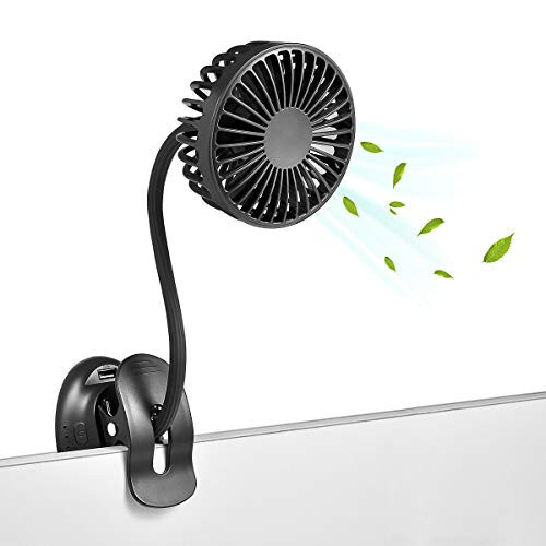 Clip On USB Mini Desk Fan with Emergency Power Bank, Battery Operated Rechargeable Portable Fan - Flexible Neck, 3 Speed Personal Cooling for Baby Stroller, Car, Camping, Office, Dorm, Beach - Black - GLOVION