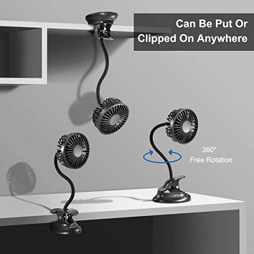Clip On USB Mini Desk Fan with Emergency Power Bank, Battery Operated Rechargeable Portable Fan - Flexible Neck, 3 Speed Personal Cooling for Baby Stroller, Car, Camping, Office, Dorm, Beach - Black - 2