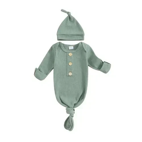 KMBANGI Newborn Baby Boys Girls Knotted Gown Hat Set Long Sleeve Button Infant Sleeper Baby Sleep Gown with Mittens - 1