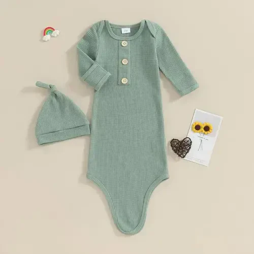 KMBANGI Newborn Baby Boys Girls Knotted Gown Hat Set Long Sleeve Button Infant Sleeper Baby Sleep Gown with Mittens - MODAZONE (1)