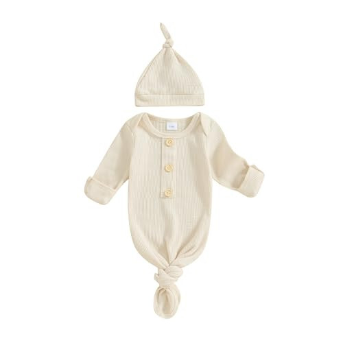 KMBANGI Newborn Baby Boys Girls Knotted Gown Hat Set Long Sleeve Button Infant Sleeper Baby Sleep Gown with Mittens - 43