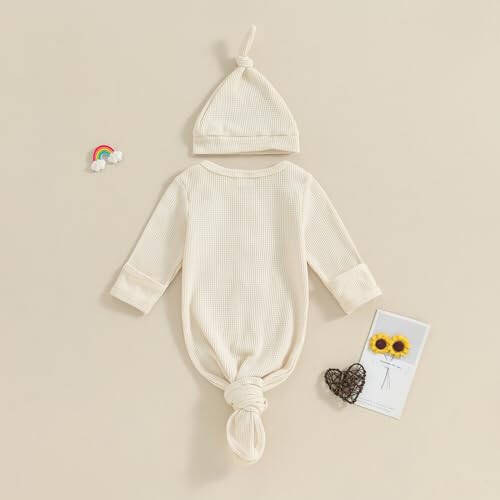 KMBANGI Newborn Baby Boys Girls Knotted Gown Hat Set Long Sleeve Button Infant Sleeper Baby Sleep Gown with Mittens - 45