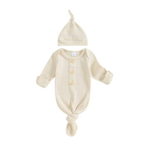 KMBANGI Newborn Baby Boys Girls Knotted Gown Hat Set Long Sleeve Button Infant Sleeper Baby Sleep Gown with Mittens - 36