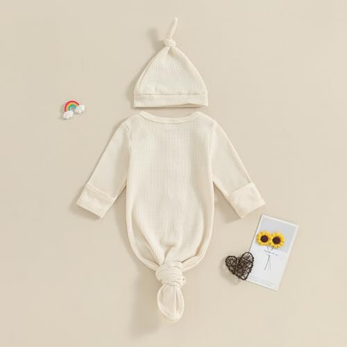 KMBANGI Newborn Baby Boys Girls Knotted Gown Hat Set Long Sleeve Button Infant Sleeper Baby Sleep Gown with Mittens - 38