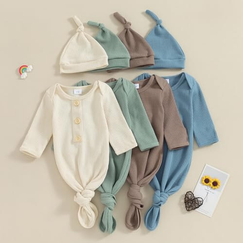 KMBANGI Newborn Baby Boys Girls Knotted Gown Hat Set Long Sleeve Button Infant Sleeper Baby Sleep Gown with Mittens - 42