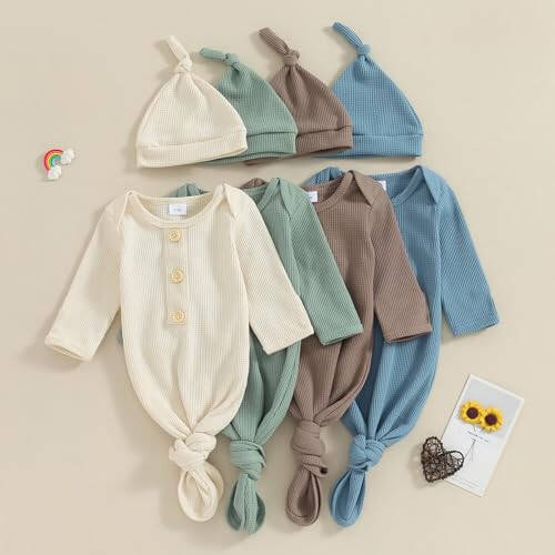 KMBANGI Newborn Baby Boys Girls Knotted Gown Hat Set Long Sleeve Button Infant Sleeper Baby Sleep Gown with Mittens - 28