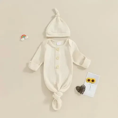 KMBANGI Newborn Baby Boys Girls Knotted Gown Hat Set Long Sleeve Button Infant Sleeper Baby Sleep Gown with Mittens - Modazone (1)