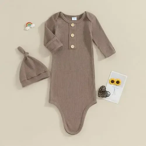 KMBANGI Newborn Baby Boys Girls Knotted Gown Hat Set Long Sleeve Button Infant Sleeper Baby Sleep Gown with Mittens - 2