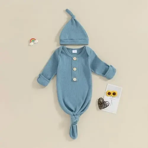 KMBANGI Newborn Baby Boys Girls Knotted Gown Hat Set Long Sleeve Button Infant Sleeper Baby Sleep Gown with Mittens - 2