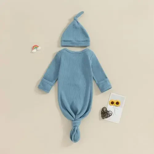 KMBANGI Newborn Baby Boys Girls Knotted Gown Hat Set Long Sleeve Button Infant Sleeper Baby Sleep Gown with Mittens - 3