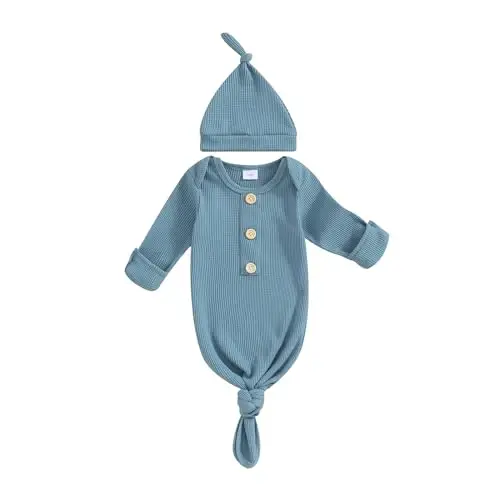 KMBANGI Newborn Baby Boys Girls Knotted Gown Hat Set Long Sleeve Button Infant Sleeper Baby Sleep Gown with Mittens 