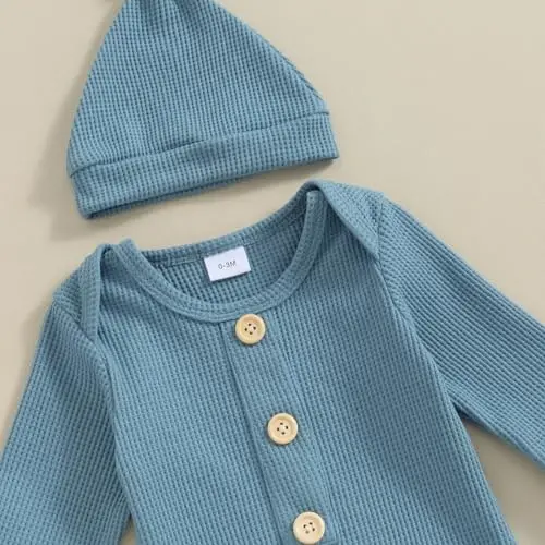 KMBANGI Newborn Baby Boys Girls Knotted Gown Hat Set Long Sleeve Button Infant Sleeper Baby Sleep Gown with Mittens - 4