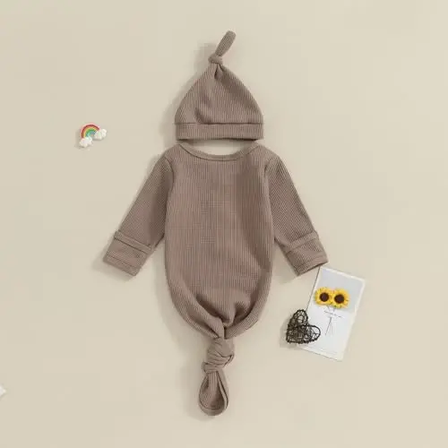 KMBANGI Newborn Baby Boys Girls Knotted Gown Hat Set Long Sleeve Button Infant Sleeper Baby Sleep Gown with Mittens - 3