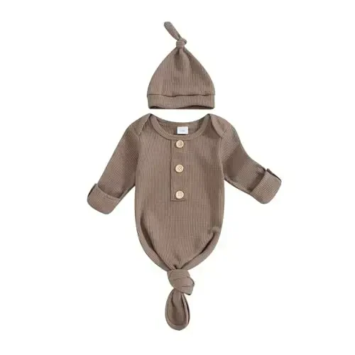 KMBANGI Newborn Baby Boys Girls Knotted Gown Hat Set Long Sleeve Button Infant Sleeper Baby Sleep Gown with Mittens - 1