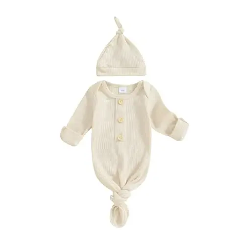 KMBANGI Newborn Baby Boys Girls Knotted Gown Hat Set Long Sleeve Button Infant Sleeper Baby Sleep Gown with Mittens 