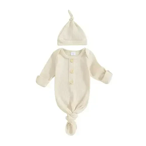 KMBANGI Newborn Baby Boys Girls Knotted Gown Hat Set Long Sleeve Button Infant Sleeper Baby Sleep Gown with Mittens - 1