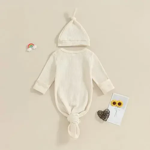 KMBANGI Newborn Baby Boys Girls Knotted Gown Hat Set Long Sleeve Button Infant Sleeper Baby Sleep Gown with Mittens - 3