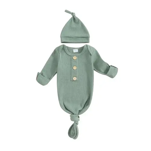 KMBANGI Newborn Baby Boys Girls Knotted Gown Hat Set Long Sleeve Button Infant Sleeper Baby Sleep Gown with Mittens 