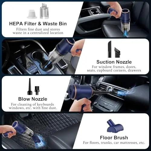 KMM Handheld Car Vacuum Cleaner, 9000Pa Vacuum Cleaner and Air Duster, 120W High Power Hand Held Vacuum with LED Light and Multi-Nozzles for Car, Home, Office, Pet - 6