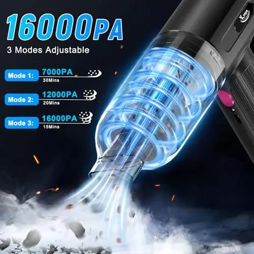 KMM Handheld Car Vacuum Cleaner, 4 in 1 Vacuum Cleaner 16000Pa Air Duster, 3-Speed Adjustable 120W High Power Vacuum Cleaner with LED Light and Multi-Nozzles for Car, Home, Office, Pet - 2