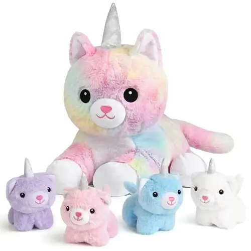 KMUYSL Toys for Ages 0 1 2 3 4 5 6 7 8+ Years - Plush Mommy Stuffed Animal with 4 Babies in Her Tummy, Soft Plush Toys Set, Christmas Birthday Gifts for Girls Boys, Toddler, Kids (Unicorn Cat Toys) - 1