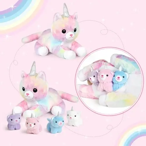 KMUYSL Toys for Ages 0 1 2 3 4 5 6 7 8+ Years - Plush Mommy Stuffed Animal with 4 Babies in Her Tummy, Soft Plush Toys Set, Christmas Birthday Gifts for Girls Boys, Toddler, Kids (Unicorn Cat Toys) - KMUYSL (1)