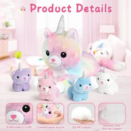 KMUYSL Toys for Ages 0 1 2 3 4 5 6 7 8+ Years - Plush Mommy Stuffed Animal with 4 Babies in Her Tummy, Soft Plush Toys Set, Christmas Birthday Gifts for Girls Boys, Toddler, Kids (Unicorn Cat Toys) - 4