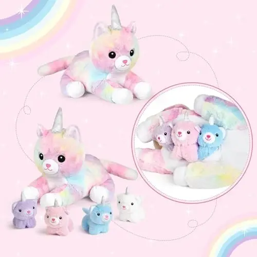 KMUYSL Toys for Ages 0 1 2 3 4 5 6 7 8+ Years - Plush Mommy Stuffed Animal with 4 Babies in Her Tummy, Soft Plush Toys Set, Christmas Birthday Gifts for Girls Boys, Toddler, Kids (Unicorn Cat Toys) - 2