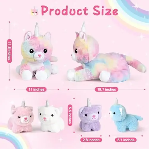 KMUYSL Toys for Ages 0 1 2 3 4 5 6 7 8+ Years - Plush Mommy Stuffed Animal with 4 Babies in Her Tummy, Soft Plush Toys Set, Christmas Birthday Gifts for Girls Boys, Toddler, Kids (Unicorn Cat Toys) - 3