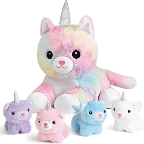 KMUYSL Toys for Ages 0 1 2 3 4 5 6 7 8+ Years - Plush Mommy Stuffed Animal with 4 Babies in Her Tummy, Soft Plush Toys Set, Christmas Birthday Gifts for Girls Boys, Toddler, Kids (Unicorn Cat Toys) 