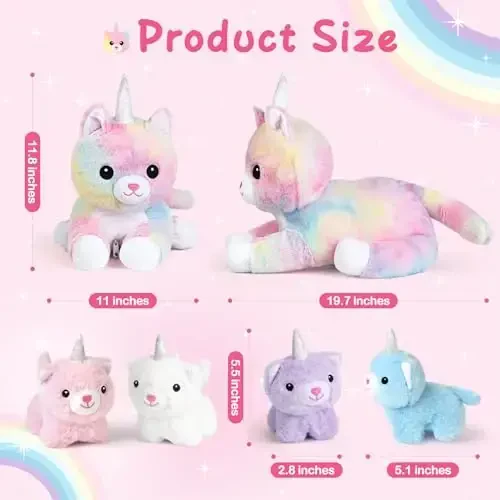 KMUYSL Toys for Ages 0 1 2 3 4 5 6 7 8+ Years - Plush Mommy Stuffed Animal with 4 Babies in Her Tummy, Soft Plush Toys Set, Christmas Birthday Gifts for Girls Boys, Toddler, Kids (Unicorn Cat Toys) - 3