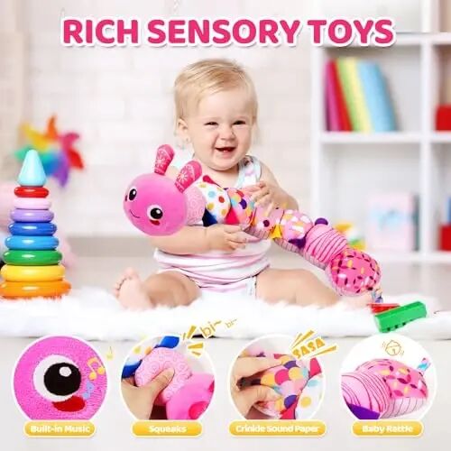 KMUYSL Baby Montessori Toys 0-6 6-12 Months, Sensory Music Animal Stuffed Toy for 0 1 2 3 4 5 6+ Months, Plush Toy with Crinkle and Rattles for Infant Newborn, Tummy Time Toys Gifts for 0-3-6-12 Month - KMUYSL