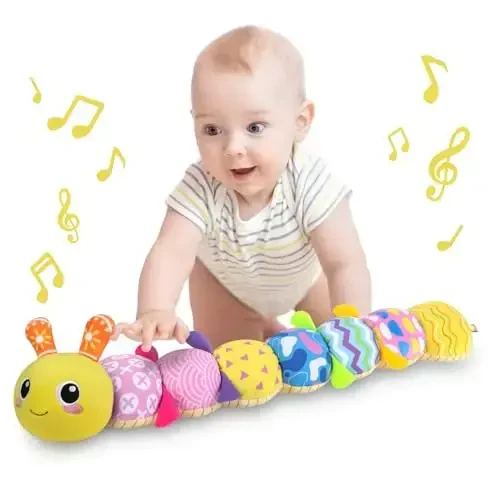 KMUYSL Baby Toys 0-12 Months, Musical Animal Stuffed Toy with Crinkle, Rattles & Lullaby, Plush Toy for Infant Newborn, Yellow Fabric Cotton - 1