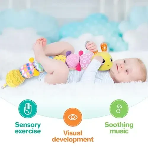 KMUYSL Baby Toys 0-12 Months, Musical Animal Stuffed Toy with Crinkle, Rattles & Lullaby, Plush Toy for Infant Newborn, Yellow Fabric Cotton - 2