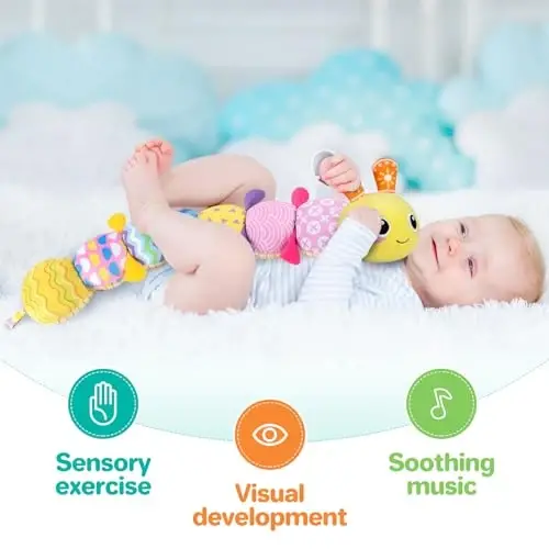 KMUYSL Baby Toys 0-12 Months, Musical Animal Stuffed Toy with Crinkle, Rattles & Lullaby, Plush Toy for Infant Newborn, Yellow Fabric Cotton - 2