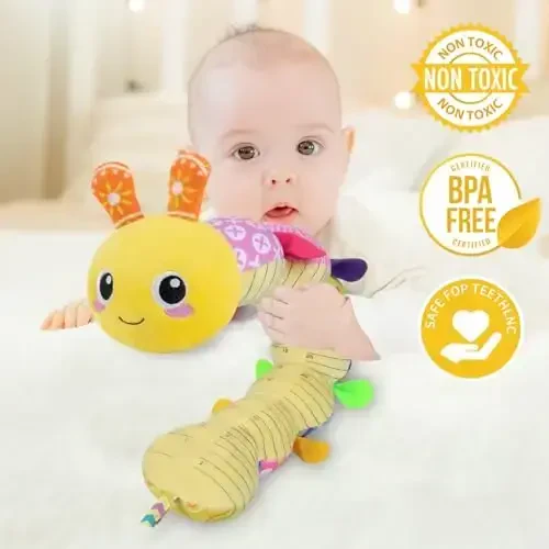 KMUYSL Baby Toys 0-12 Months, Musical Animal Stuffed Toy with Crinkle, Rattles & Lullaby, Plush Toy for Infant Newborn, Yellow Fabric Cotton - 6