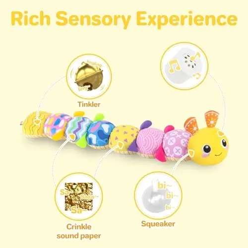 KMUYSL Baby Toys 0-12 Months, Musical Animal Stuffed Toy with Crinkle, Rattles & Lullaby, Plush Toy for Infant Newborn, Yellow Fabric Cotton - 4