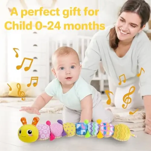 KMUYSL Baby Toys 0-12 Months, Musical Animal Stuffed Toy with Crinkle, Rattles & Lullaby, Plush Toy for Infant Newborn, Yellow Fabric Cotton - 3