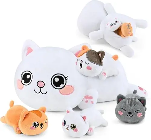 KMUYSL Cat Stuffed Animals Toys for Ages 0 1 2 3 4 5 6 7 8+ Years Old Kids - Mommy Cat with 4 Baby Kitty in Her Tummy, Idea Xmas Birthday Gifts for Baby, Toddler, Girls, Boys - 1