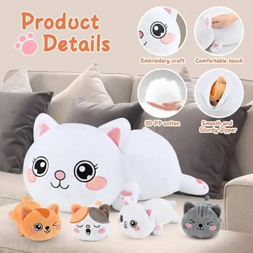 KMUYSL Cat Stuffed Animals Toys for Ages 0 1 2 3 4 5 6 7 8+ Years Old Kids - Mommy Cat with 4 Baby Kitty in Her Tummy, Idea Xmas Birthday Gifts for Baby, Toddler, Girls, Boys - 4