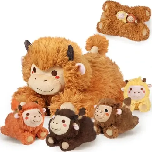 KMUYSL Highland Cow Stuffed Animal for Girls Ages 0 1 2 3 4 5 6 7 8+ Years Old, Mommy Cow Animals Plush Toys with 4 Baby Calves, Soft Animal Stuffed Toys Set, Christmas Birthday Gifts for Kids Girls 