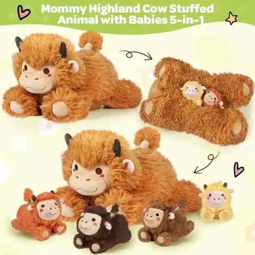 KMUYSL Highland Cow Stuffed Animal for Girls Ages 0 1 2 3 4 5 6 7 8+ Years Old, Mommy Cow Animals Plush Toys with 4 Baby Calves, Soft Animal Stuffed Toys Set, Christmas Birthday Gifts for Kids Girls - KMUYSL (1)