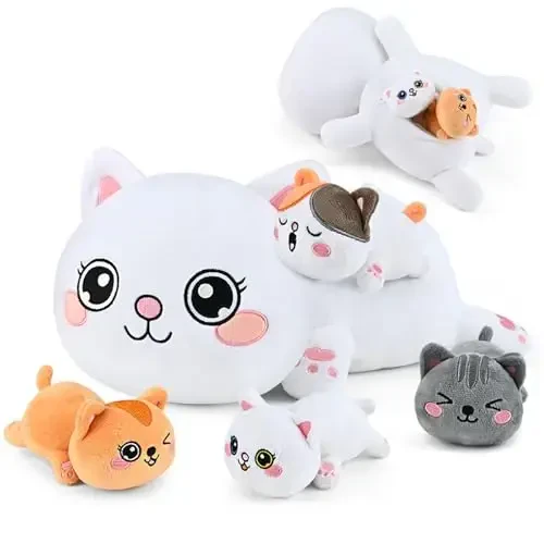 KMUYSL Cat Stuffed Animals Toys for Ages 0 1 2 3 4 5 6 7 8+ Years Old Kids - Mommy Cat with 4 Baby Kitty in Her Tummy, Idea Xmas Birthday Gifts for Baby, Toddler, Girls, Boys - KMUYSL